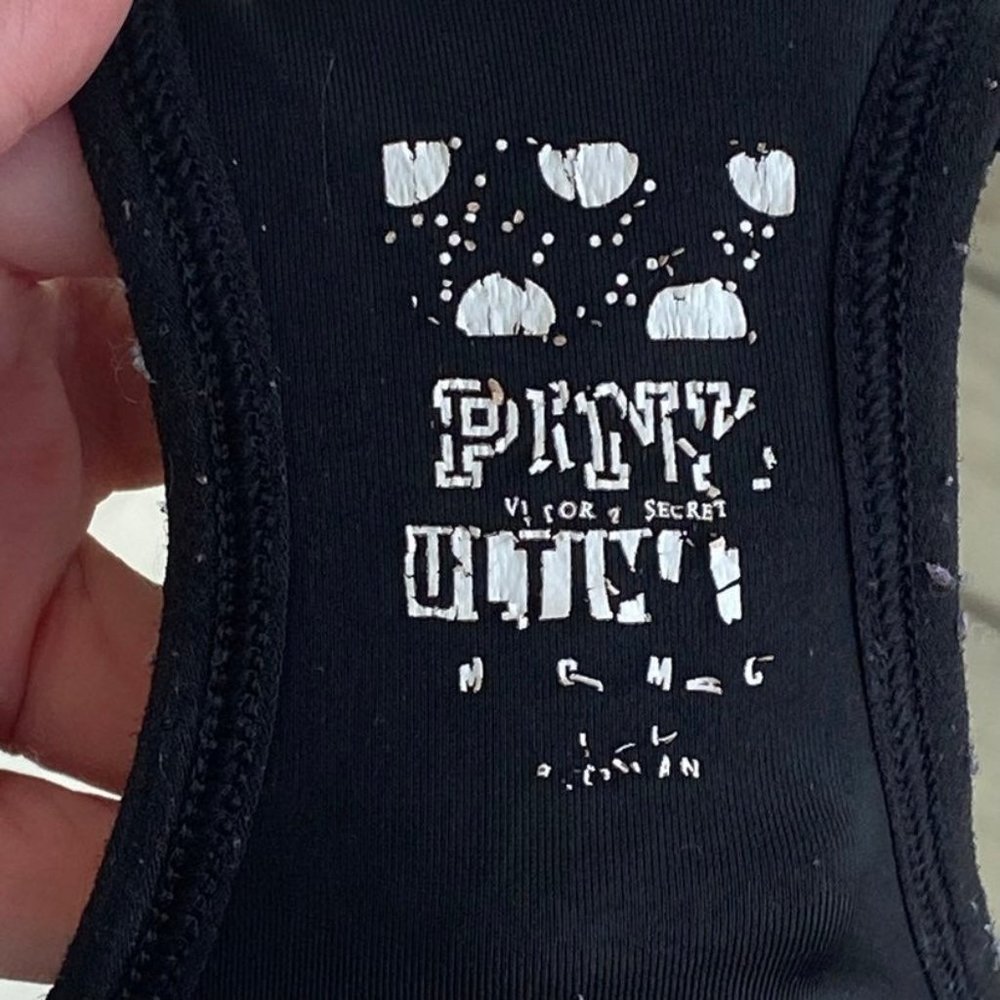 VS PINK ULTIMATE Push Up Sports Bra Sz Medium A-C Cup Black w Logos Racerback - Picture 4 of 12